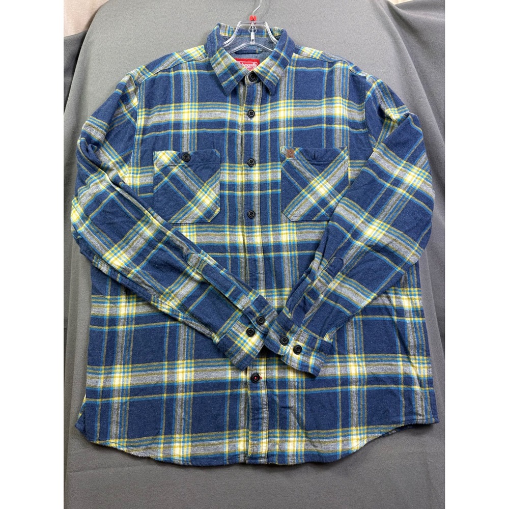 Coleman Mens XL Blue Yellow Plaid Flannel Button Down Long Sleeve Shirt Cotton